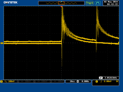 Some scope data - at least 2 frequencies are present here.  Probably relaxation or squeqqing along with the real, higher, frequency