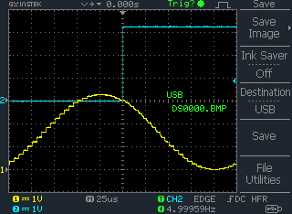 Scope triggering on 10 hz sq wave and showing D/A output as well.