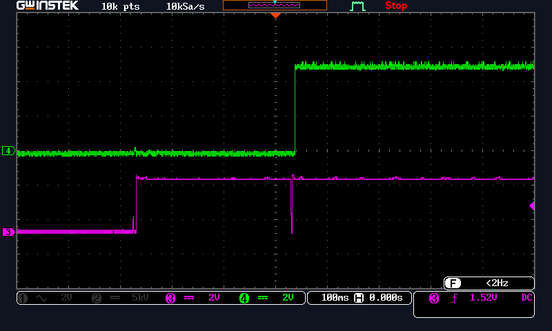 Scope - green is the PIC output, Purple is the ESP input, level shifter removed.
