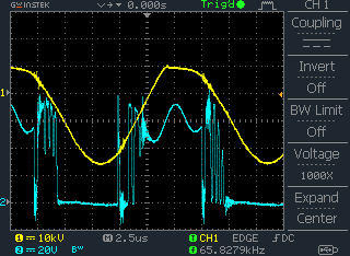 Yellow is HV probe on grid.  Blue is xfrmr input one side.