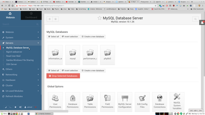 Webmin running here, showing the sql manager page