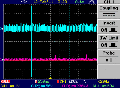Fusor not running, background.  Blue trace is a faraday probe in the fusor to check for EMI/neutron counter co-incidence (and vert amp labeled wrong for this probe).