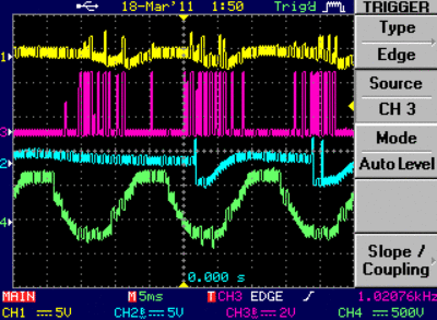 Top trace, 3he analog., purple trace after thresholding (and is the scope trigger), blue trace is the b10 tube, and the green trace is the applied AC on the second grid.