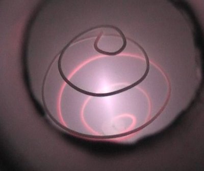 A picture of the cathode during the test.  Bright red wire.